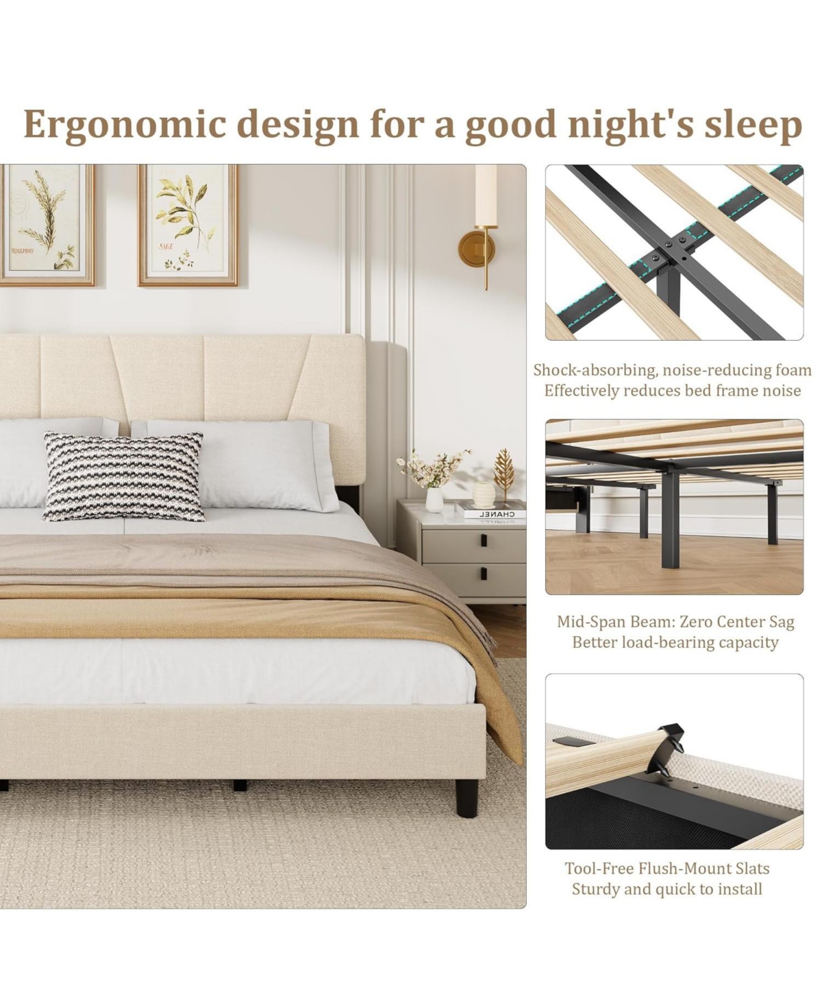 gaomon Platform Bed Frame for Kids, Linen Upholstered Headboard & Wooden Slats Support