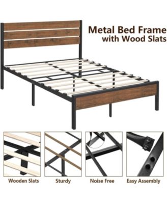 Rustic Bed Frame with Headboard,Metal Platform Farmhouse Bed Frame Slat,Sturdy Heavy Duty Bed Box Spring Needed