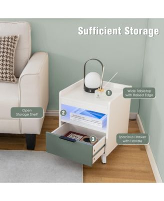 2PCS Nightstand Modern Beside End Table w/ LED Lights Open Compartment & Drawer