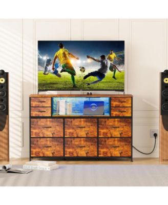 10 Fabric Drawers Dresser with LED Lights, Entertainment Center with Charging Station, Wood Top, Open Shelves, TV Stand for 40"-55" TV