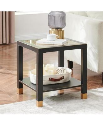 Square Side Table - Modern 2-Tier Tempered Glass End Table, Mesh Accent Bedside Table with Metal Frame for Bedroom, Living Room