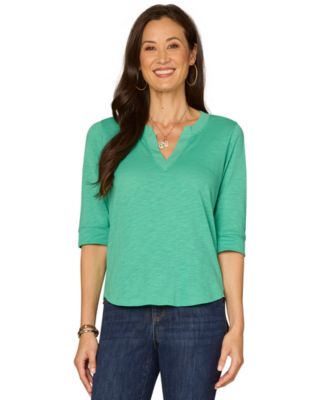 Petite 3/4-Sleeve Split Neckline Knit Top