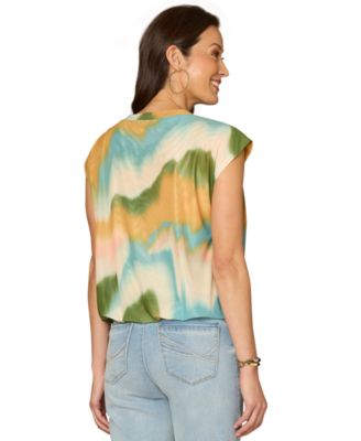 Petite Cap-Sleeve Printed Round Neck Knit Top