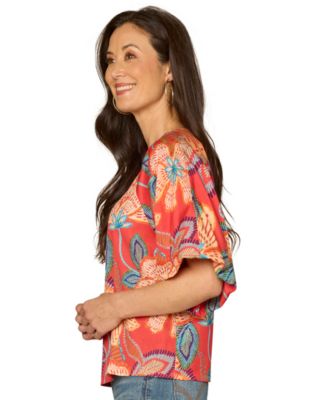 Petite Bubble Bell-Sleeve V-Neck Printed Woven Top