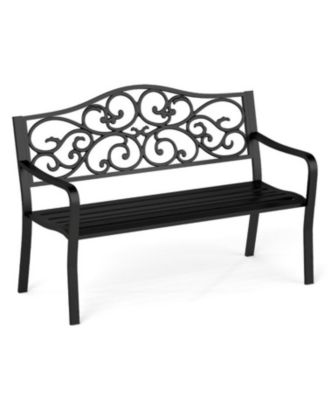 50 Inch Cast Iron Patio Bench with Floral Design Backrest