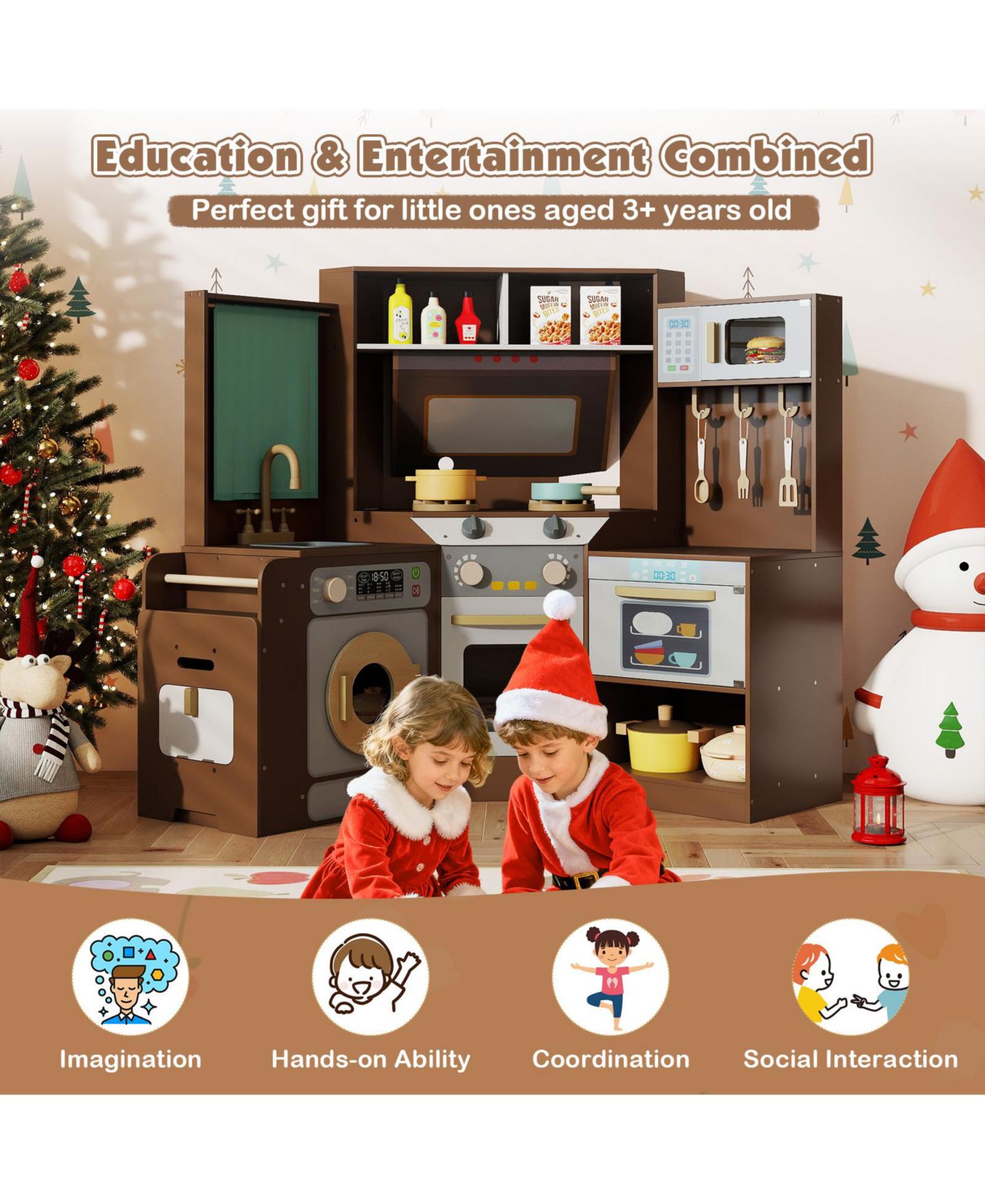 Детская игрушка Mecale Corner Wooden Play Kitchen with Lights & Sounds, Ages 3+, цвет: Коричневый — фото 10