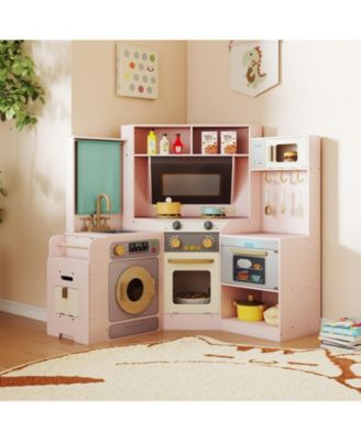 Corner Kitchen Toys with Lights & Sounds, Pull-Out Trash Can & Stove for Kids