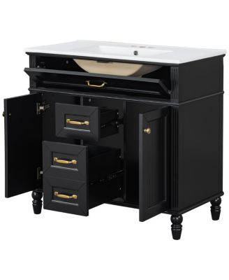 36" Bathroom Vanity with Ceramic Sink, Flip-Out Drawer, Soft Close Doors & Storage Drawers for Modern Bathrooms