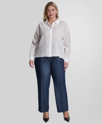 Plus Size Long-Sleeve Collared Organza Blouse