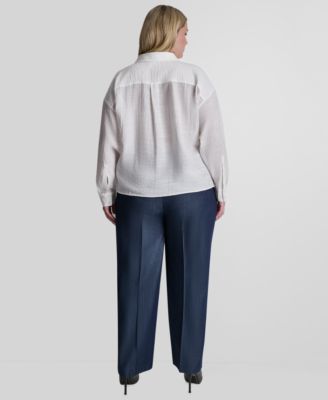 Plus Size Long-Sleeve Collared Organza Blouse