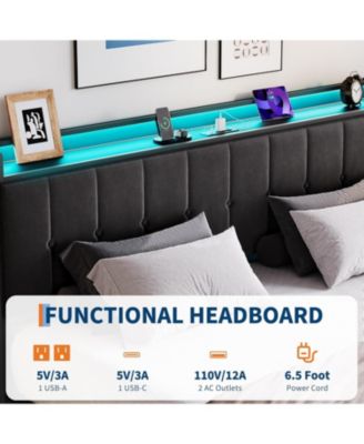 Bed Frame with Lift Up Storage, Upholstered Velvet Bed with LED Lights & Power Outlets, Hydraulic Support, No Box Spring Needed