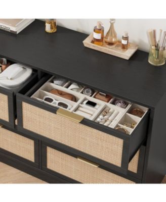 6 Drawer Rattan Dresser for Bedroom, Integrated Cabinet Body & Legs Design, Wooden Chest of Drawers for Hallways, Entryways and Closet