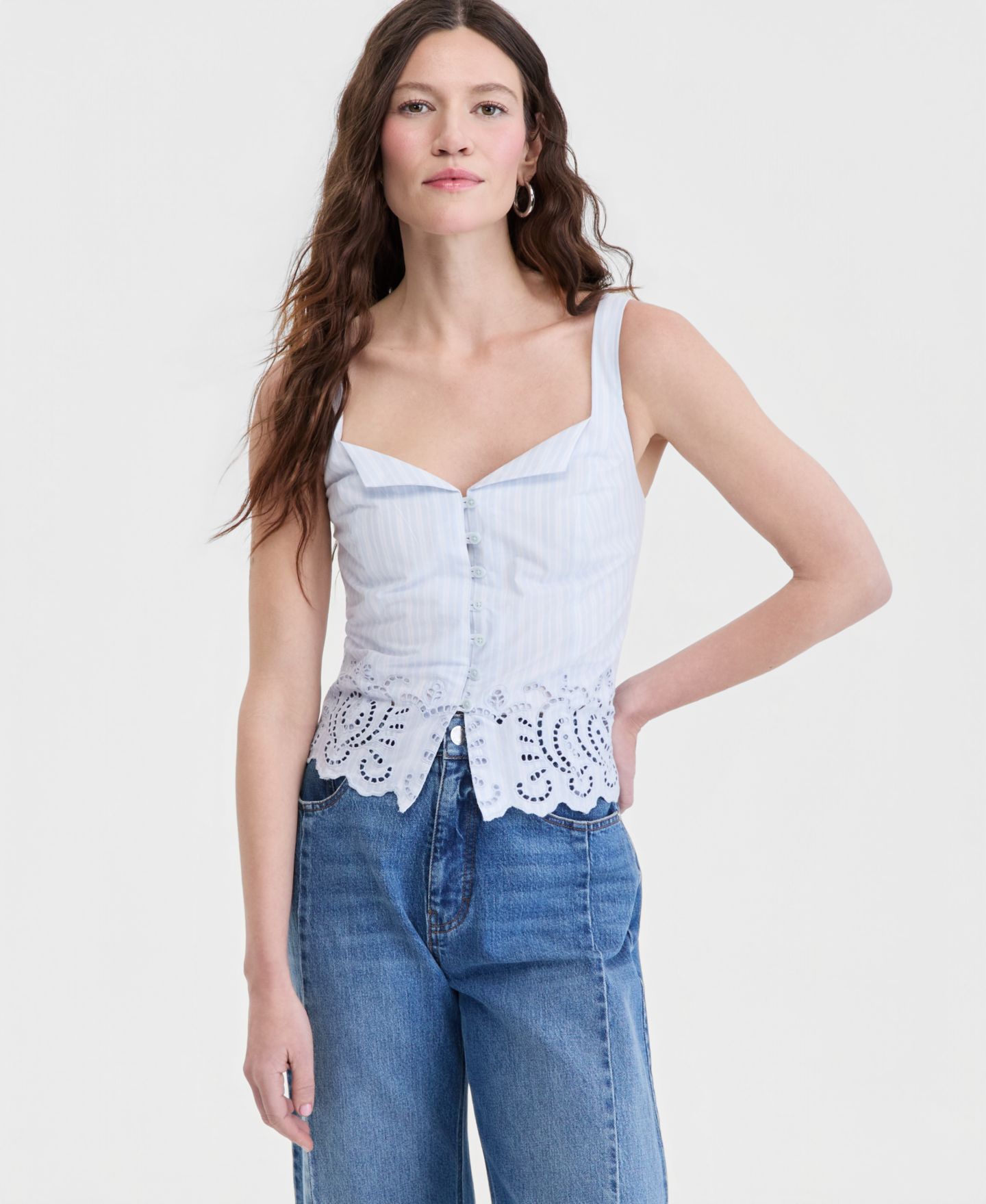 Женский топ On 34th Cotton Button-Front Cutwork, цвет: Бриллиантовый синий комбинированный — фото 1