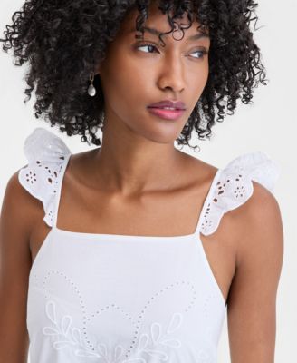 Women's Cotton Poplin Eyelet Pintucked Midi Dress