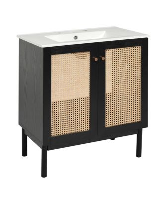 Modern Bathroom Vanity with Ceramic Sink, Bamboo & MDF, Soft Close Rattan Doors,  Freestanding Storage Cabinet for Small Spaces