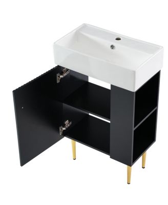 22" Modern Freestanding Bathroom Vanity with Ceramic Sink, Side Storage Cabinet, Soft Close Door for Small Spaces