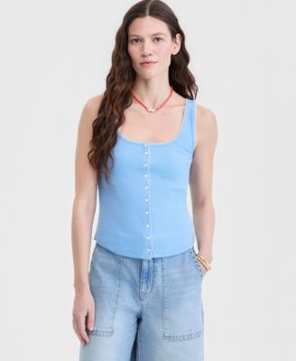 Women's Button-Down Contrast-Stitch Rib Tank Top