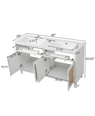60" Double Sink Bathroom Vanity, Modern Solid Wood Freestanding Cabinet with SMC Top, Rattan Doors & Flip-Out Tray