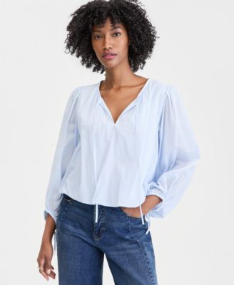 Women's Cotton Solid Tie-Front Volume-Sleeve Blouse