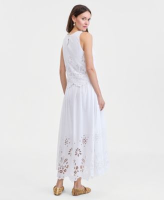 Women's Cotton Solid Eyelet Midi Skirt