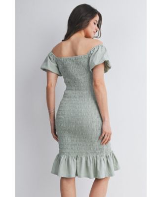 Maternity Off-the-Shoulder Smocked Bodycon Midi Dress with Ruffle Hem