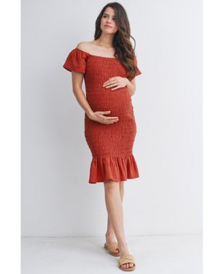 Maternity Off-the-Shoulder Smocked Bodycon Midi Dress with Ruffle Hem