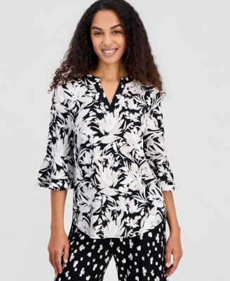 Women's Printed V-Neck Elbow-Sleeve Top
