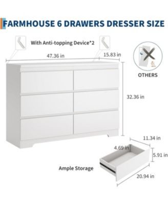 Modern White 6 Drawer Dresser, Simply Modern Chest of Drawers, 6 Drawer Dressers for Clothes Storage for Bedroom