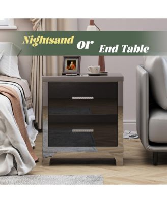 High Gloss Mirrored Nightstand, Modern Wood End Table with 2 Drawers and Metal Handle, Bedside End Table for Bedroom, Living Room