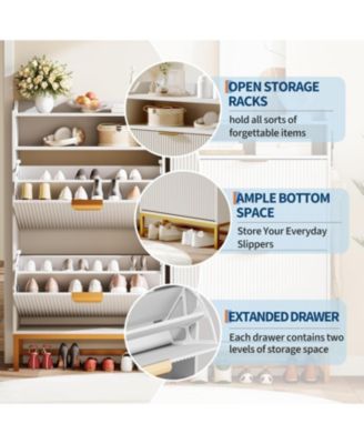 Narrow Shoe Cabinet Storage for Entryway Modern Fluted Shoe Rack Organizer with 2 Flip Drawers and an Open Shelf for Hallway Living Room