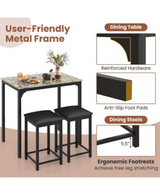 3 PCS Counter Height Dining Set Faux Marble Table and 2 Chairs Kitchen Bar