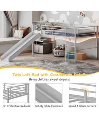 Metal Loft Bed with Slide, Guardrails, and Built-In Ladder