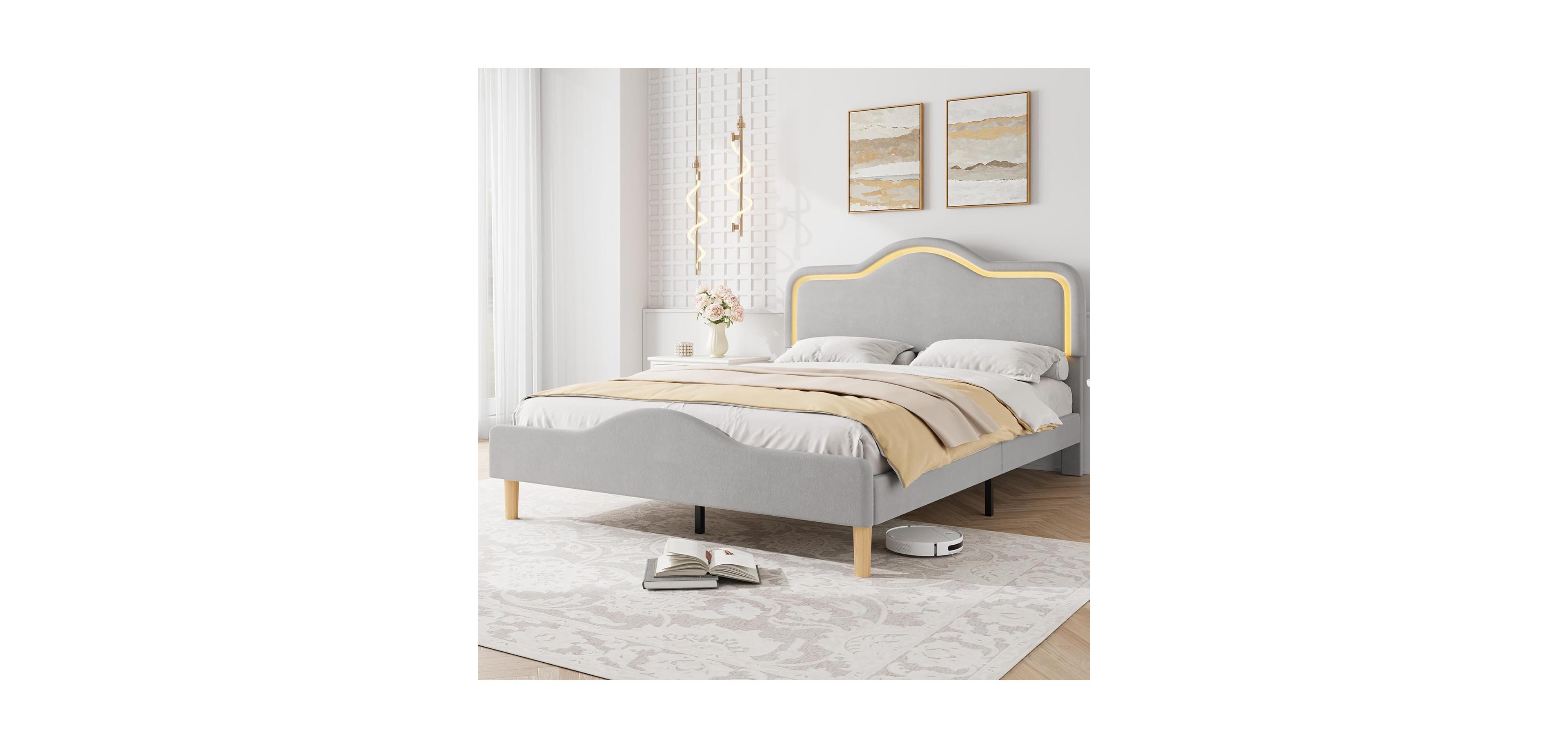 gaomon Bed Frame Adjustable Led Headboard Velvet Upholstered Platform Wooden Slats No Box Spring