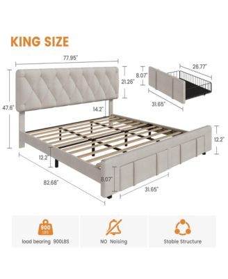 King Bed Frame Diamond Tufted Headboard Upholstered Platform Storage Drawer Wooden Slats Noise-Free No Box Spring