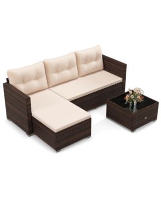 4 Seats Outdoor Wicker Furniture Set with Tempered Glass Coffee Table & Soft Cushions