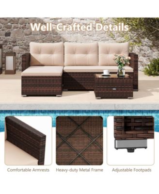 4 Seats Outdoor Wicker Furniture Set with Tempered Glass Coffee Table & Soft Cushions