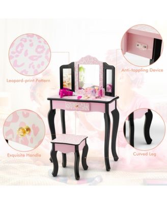 Kid Vanity Set Wooden Makeup Table Stool Tri-Folding Mirror