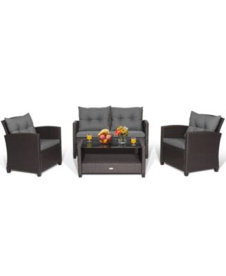 4 PCS Patio Rattan Furniture Set Glass Table Shelf Sofa Cushion