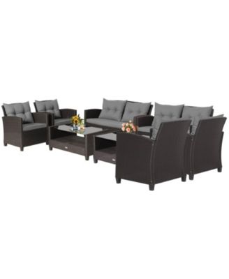 8 PCS Patio Rattan Furniture Set Glass Table Shelf Sofa Cushion