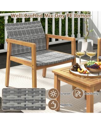 3 PCS Outdoor Furniture Set, Acacia Wood Frame Sofa Set with Rattan Seat