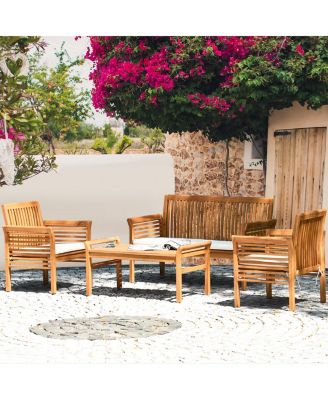 4 PCS Outdoor Acacia Wood Sofa Furniture Set Cushioned Chair Coffee Table Garden