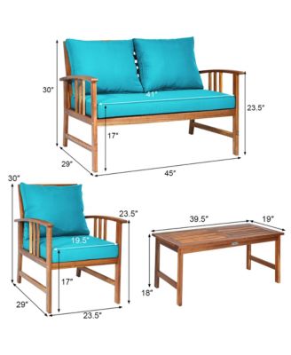 4PCS Wooden Patio Furniture Set Table Sofa Chair Cushioned Garden