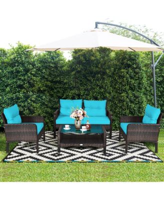 4PCS Patio Rattan Furniture Set Loveseat Sofa Coffee Table