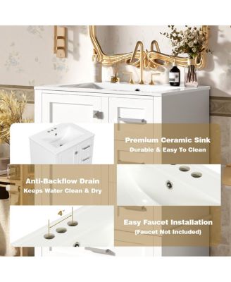 24.8" Bathroom Vanity with Ceramic Sink, Modern Freestanding Solid Wood MDF Cabinet, 3 Drawers Soft Close Door for Small Spaces