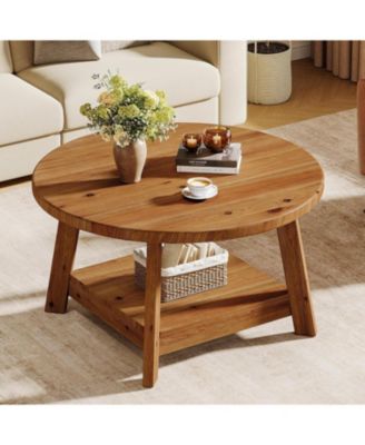 Solid Wood Round Coffee Table for Living Room, 31.5” Farmhouse Wooden 2-Tier Circle Center Cocktail Accent Table