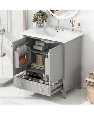 Bathroom Vanity with Ceramic Sink, Adjustable Shelf, Multi-Functional Storage, Solid Wood & MDF