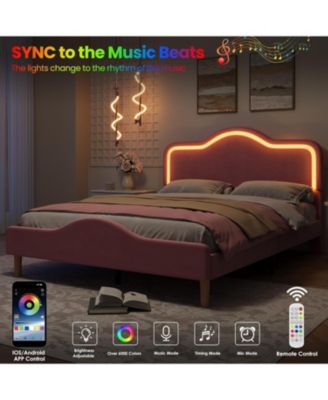 Bed Frame Adjustable LED Headboard Velvet Upholstered Platform Wooden Slats No Box Spring