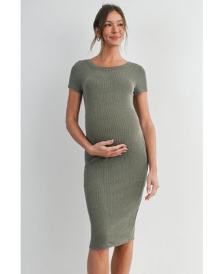 Maternity Bodycon Ribbed Knit Short Sleeve Midi Dress