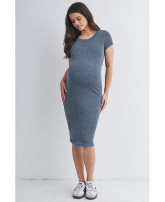 Women's Maternity Bodycon Ribbed Knit Short Sleeve Midi Dress