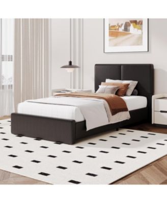 Upholstered Platform Bed Frame with 2 Storage Drawers, Faux Leather Low Profile Base with Wood Slat Support